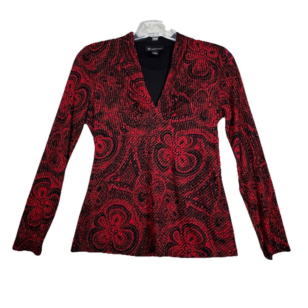 INC International Concepts Shirt Womens Large Black Red Floral Silver 2000s Y2K